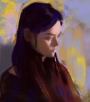  1girl abstract abstract_background art_study black_hair closed_eyes closed_mouth commentary english_commentary faux_traditional_media from_side lips long_hair original portrait profile purple_hair realistic solo yuming_li 