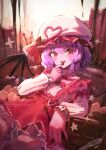  1girl absurdres bat_wings brown_wings chocolate fingernails hair_between_eyes hat highres long_sleeves looking_at_viewer mob_cap nail_polish nepperoni open_mouth pink_shirt purple_hair red_eyes red_nails red_skirt remilia_scarlet shirt short_hair skirt smile solo tongue tongue_out touhou valentine white_headwear wings 