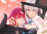 3girls baobhan_sith_(fate) baobhan_sith_(first_ascension)_(fate) black_bow black_dress black_gloves blue_eyes blush bow breasts dress falling_petals fang fate/grand_order fate_(series) finger_frame fujimaru_ritsuka_(female) gloves grass grey_eyes hair_bow hair_ornament hand_up highres looking_at_viewer mabotofu_maki morgan_le_fay_(fate) mother_and_daughter multiple_girls nail_polish necktie open_mouth out_of_frame petals pink_background pink_hair pink_sky pointy_ears ponytail red_dress red_necktie sidelocks sky smile teeth upper_body white_dress white_hair 