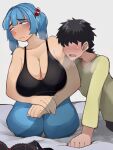  1boy 1girl absurdres black_bra black_hair black_tank_top blue_eyes blue_hair blue_pants blush bra breasts breath commentary_request embarrassed faceless faceless_male full_body green_shirt hair_bobbles hair_ornament hetero highres kawashiro_nitori large_breasts looking_to_the_side medium_bangs nose_blush open_mouth pants sagging_breasts seiza shirt short_hair sitting tank_top touhou two_side_up underwear unworn_bra yokuaka 