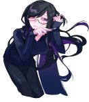  black-framed_eyewear black_hair black_pants black_shirt closed_mouth colored_inner_hair glasses hand_in_own_hair highres himanemuitoma holding holding_knife jinsei_owatarou knife long_hair long_sleeves looking_to_the_side multicolored_hair pants purple_eyes purple_hair shirt sleeves_past_wrists swept_bangs unproductive_life_plan_(vocaloid) v-neck vocaloid 