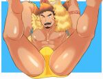  1boy abs animal_hood arms_up bara boar_boy boar_hood body_fur brown_hair bulge facial_hair fang feet_out_of_frame goatee gullinbursti_(housamo) hood large_pectorals legs_up male_focus male_swimwear muscular muscular_male nipples official_alternate_costume one_eye_closed pectorals ragi_san_(ononokomachiimo) short_hair solo swim_briefs thick_eyebrows tokyo_afterschool_summoners topless_male yellow_male_swimwear 