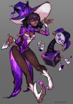  1girl absurdres artist_name bad_link black_hair blush breasts bumblesteak card dark-skinned_female dark_skin english_commentary english_text hat highres jack-in-the-box looking_at_viewer necromancer nose original palms purple_eyes tongue tongue_out witch_hat 