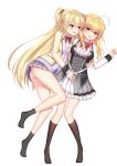  2girls absurdres ahoge arihara_nanami arm_around_waist ass_peek assertive_female black_socks blonde_hair blush bow bowtie breast_press breasts center_frills color_connection commentary_request crossover double_bun elih_(nfslyy) embarrassed feet frilled_skirt frills grey_skirt hair_between_eyes hair_bun hair_color_connection half_updo hamidashi_creative hand_on_another&#039;s_stomach highres hug izumi_hiyori jacket knees_together_feet_apart large_breasts legs long_hair long_legs long_sleeves looking_at_another lying miniskirt multiple_girls no_shoes on_back on_side open_clothes open_jacket open_mouth panties pantyshot plaid plaid_skirt pleated_skirt purple_sweater_vest red_bow red_bowtie red_eyes riddle_joker round_teeth school_uniform shirt sidelocks simple_background skirt socks straight_hair sweater_vest symmetrical_docking teeth thighs toes two_side_up underwear upper_teeth_only very_long_hair wavy_hair wavy_mouth white_background white_panties white_shirt yellow_jacket yuri 