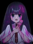 1girl :d black_background black_hair blood blood_in_hair blood_on_clothes blood_on_face blood_on_hands blue_eyes blunt_bangs capelet cellphone commentary_request cross_print dark empty_eyes flip_phone hands_up highres holding holding_phone long_hair looking_at_viewer mahigu_re necktie open_mouth own_hands_together phone pink_blood print_necktie red_necktie school_uniform sidelocks simple_background smile solo straight-on straight_hair subarashiki_hibi takashima_zakuro upper_body very_long_hair white_capelet 