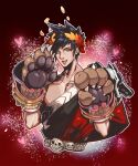  1boy animal_hands bare_pectorals belt black_hair claws collarbone cropped_torso fang green_eyes hades_(series) heart highres laurel_crown looking_at_viewer male_focus moyun off_shoulder one_eye_closed open_mouth pectorals red_background red_sash sash short_hair solo toned toned_male zagreus_(hades) 