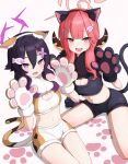  2girls absurdres animal_ears animal_hands aru_(blue_archive) black_shorts blue_archive blush breasts cat_ears cat_paws cat_tail cleavage cleavage_cutout clothing_cutout fake_animal_ears fake_tail fang gloves hair_between_eyes halo haruka_(blue_archive) highres hotta_karasi large_breasts long_hair medium_breasts multiple_girls open_mouth paw_gloves paw_print pink_hair pink_halo purple_eyes purple_hair purple_halo shorts simple_background tail white_background white_shorts yellow_eyes 