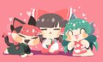  3girls :3 ^_^ animal_ears barefoot bow braid brown_hair cat_ears cat_girl cat_tail cheek-to-cheek chibi chibi_only closed_eyes cup detached_sleeves dress extra_ears green_dress green_hair hair_bow hair_tubes hakurei_reimu heads_together heart holding holding_cup horns kaenbyou_rin kariyushi_shirt kneeling komano_aunn long_hair long_sleeves multiple_girls multiple_tails open_mouth paw_pose pink_background pointy_ears red_bow red_hair red_skirt red_vest seiza shinsei_tomato shorts simple_background single_horn sitting skirt smile sweat tail tail_raised tongue tongue_out touhou two_tails vest white_sleeves wide_sleeves yunomi 