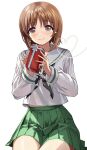  1girl bob_cut bow box brown_eyes brown_hair girls_und_panzer green_skirt highres holding holding_box long_sleeves looking_at_viewer nishizumi_miho ooarai_school_uniform school_uniform shirt short_hair sitting skirt smile solo valentine wariza white_background white_bow white_shirt zaofeng 