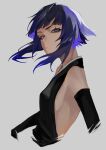  1girl backless_outfit bleach blue_eyes blunt_bangs breasts closed_mouth detached_sleeves grey_background highres purple_hair short_hair short_hair_with_long_locks sideboob sideless_outfit simple_background solo sui-feng ui_1231 upper_body 