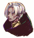  1boy black_cloak chromatic_aberration cloak colored_skin cropped_shoulders grey_skin hades_(series) hades_1 highres male_focus moyun parted_lips short_hair simple_background solo thanatos_(hades) undercut white_background white_hair yellow_eyes 