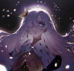  1girl anastasia_(fate) backlighting black_background blue_eyes caustics commentary_request cross earrings fate/grand_order fate_(series) floating_hair hair_over_one_eye hair_ribbon highres jewelry long_hair looking_at_viewer oarfish_(artist) parted_lips ribbon single_earring solo upper_body white_hair yellow_ribbon 