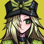  1girl black_headwear black_souls blonde_hair closed_mouth commentary frown green_eyes hair_over_one_eye hat koshou_shou_mitsu long_hair portrait rapunzel_(black_souls) simple_background solo straight_hair symbol-only_commentary upper_body yellow_background 