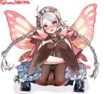  1girl ass blue_eyes blue_footwear blush boots braid brown_pantyhose butterfly_wings cameltoe capelet commission commissioner_upload fairy_wings fire_emblem fire_emblem_fates fire_emblem_heroes flower gradient_clothes hair_flower hair_ornament hair_vines hairband harutan_(ufnn8842) highres hugging_own_legs insect_wings long_hair looking_at_viewer low_twin_braids nina_(fire_emblem) nina_(resplendent)_(fire_emblem) non-web_source official_alternate_costume panties pantyhose pantyshot pink_capelet pink_flower pink_panties pussy skeb_commission solo sweat twin_braids underwear upskirt vine_harness vine_print white_flower white_hair wings 