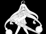  1girl ahoge blush closed_mouth coat dress greyscale hair_ornament lilka_eleniak long_hair looking_at_viewer low-tied_long_hair monochrome sidelocks simple_background skirt smile smison solo thighhighs twintails umbrella wild_arms wild_arms_2 