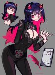  1girl absurdres artist_name bad_link black_hair breasts bumblesteak cassiel_(bumblesteak) cleavage closed_mouth demon_girl demon_horns english_commentary highres horns long_hair looking_at_viewer multicolored_hair nose original paper quill red_eyes shirt smile solo streaked_hair writing 