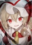  1girl absurdres ambiguous_red_liquid ascot blonde_hair commentary_request drawing fang flandre_scarlet hair_between_eyes hat hat_ribbon highres long_hair looking_at_viewer making-of_available mob_cap one_side_up open_mouth red_eyes red_skirt ribbon rokuya_(68_zusao) side_ponytail signature skirt slit_pupils smile solo touhou valentine white_headwear yellow_ascot 