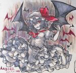  1girl ascot bat_(animal) bat_wings black_wings blue_hair breasts chinese_commentary colored_skin commentary_request curly_hair dated frilled_sleeves frills hand_up hat hat_ribbon highres lower_teeth_only marker_(medium) mob_cap open_mouth petticoat puffy_short_sleeves puffy_sleeves red_ascot red_eyes red_nails red_ribbon remilia_scarlet ribbon shirt short_sleeves skirt small_breasts solo teeth touhou traditional_media white_headwear white_shirt white_skin white_skirt wings xianyujunzhimiyingla 
