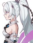  1girl ahoge black_eyes black_ribbon breasts closed_mouth detached_sleeves dress from_side hair_between_eyes hair_intakes hair_ribbon half_updo high_ponytail honkai_(series) honkai_impact_3rd kiana_kaslana kiana_kaslana_(herrscher_of_finality) long_hair long_sleeves medium_breasts nabemi_(nabee_cyno0) profile purple_pupils ribbon sidelocks simple_background sleeveless sleeveless_dress smile solo upper_body white_background white_dress white_hair white_sleeves 