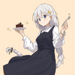  1girl black_dress blue_eyes bracelet braid breasts buttons cake chocolate_cake closed_mouth cowboy_shot dot_nose dress food fork fruit hair_ornament hands_up highres holding holding_fork holding_plate jewelry kizuna_akari long_braid long_hair long_sleeves looking_at_viewer minatsuki_(m1natsuk1) mint plate raspberry shirt simple_background single_braid small_breasts smile solo sparkle star_(symbol) star_hair_ornament voiceroid white_hair white_shirt yellow_background 