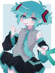  1boy alternate_costume antenna_hair aqua_eyes aqua_hair aqua_necktie basil_(headspace)_(omori) basil_(omori) black_skirt blush collared_shirt cosplay detached_sleeves frilled_shirt_collar frills grey_shirt hair_between_eyes hair_ornament hatsune_miku hatsune_miku_(cosplay) highres holding looking_at_viewer necktie number_tattoo omori shirt short_twintails skirt sleeveless sleeveless_shirt solo spring_onion sweat tattoo twintails yuyuyu_m5 