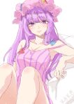  0002koko 1girl absurdres armpits blue_bow bow breasts collarbone hair_bow hat highres long_hair looking_at_viewer mob_cap patchouli_knowledge purple_eyes purple_hair red_bow simple_background smile solo touhou white_background 