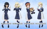  4girls andou_(girls_und_panzer) beret black_eyes black_footwear black_hair blonde_hair blue_background blue_bow blue_eyes blue_headwear blue_jacket blue_ribbon blue_skirt blue_socks bow braid brown_eyes brown_hair buttons character_name commentary_request crossed_knees darjeeling_(girls_und_panzer) dark-skinned_female dark_skin double-breasted dress_shirt girls_und_panzer girls_und_panzer_senshadou_daisakusen! hair_bow hand_fan hat highres holding holding_fan holding_stuffed_toy idol jacket kneehighs loafers long_sleeves looking_at_viewer medium_hair medium_skirt messy_hair multiple_girls neck_ribbon nishizumi_miho official_alternate_costume official_art open_mouth oshida_(girls_und_panzer) paper_fan plaid plaid_jacket plaid_skirt pleated_skirt ribbon shirt shoes short_hair skirt smile socks standing standing_on_one_leg star_(symbol) stu48 stuffed_animal stuffed_toy teddy_bear translated twin_braids two-tone_skirt watermark white_shirt wing_collar 