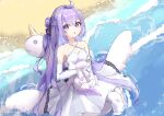  1girl :o absurdres afloat ahoge azur_lane bare_shoulders beach black_ribbon breasts dress elbow_gloves gloves hair_bun hair_ribbon highres hugging_doll hugging_object long_hair lvk181 one_side_up open_mouth oppai_loli petite purple_eyes purple_hair ribbon sand single_hair_bun single_side_bun solo solo_focus sparkle stuffed_animal stuffed_pegasus stuffed_toy stuffed_unicorn stuffed_winged_unicorn surprised thighhighs unicorn unicorn_(azur_lane) very_long_hair water white_dress white_thighhighs winged_unicorn 