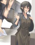  1girl :d absurdres apron black_apron black_hair blue_shirt breasts cleaning cleavage collarbone highres holding holding_tray long_sleeves looking_at_viewer multiple_views open_mouth original pallad shirt short_hair smile tongue tray waving 