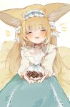  1girl animal_ears arknights blonde_hair blue_hairband blue_skirt blush candy cardigan chocolate closed_eyes commentary_request cross-laced_slit facing_viewer food fox_ears fox_girl fox_tail frilled_hairband frills hairband heart heart-shaped_chocolate highres kitsune kyuubi long_hair long_sleeves multiple_tails notice_lines official_alternate_costume open_mouth simple_background skirt solo suzuran_(arknights) suzuran_(spring_praise)_(arknights) tail teeth unitedunti upper_teeth_only valentine white_background yellow_cardigan 