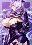  1girl absurdres armor breasts camilla_(fire_emblem) cleavage closed_mouth cowboy_shot fire_emblem fire_emblem_fates gloves hair_over_one_eye highres large_breasts long_bangs long_hair looking_at_viewer purple_background purple_eyes purple_hair smile solo to_(tototo_tk) very_long_hair 