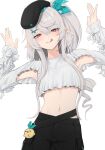  1girl :p absurdres armpit_cutout armpits arms_up beret blush clothing_cutout cowboy_shot daiishori grey_hair hair_between_eyes hair_ornament hair_ribbon hairclip hat highres long_hair looking_at_viewer midriff multicolored_hair navel nijisanji nijisanji_en pointy_ears pomu_rainpuff pomudachi_(pomu_rainpuff) ponytail red_eyes ribbon simple_background solo streaked_hair tongue tongue_out virtual_youtuber white_background x_hair_ornament 