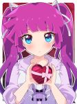  1girl alternate_costume blue_eyes blush box dress heart heart-shaped_box heart-shaped_pupils holding holding_box kirishima_romin kura_(xxcracy) long_hair looking_at_viewer purple_hair symbol-shaped_pupils twintails white_dress yu-gi-oh! yu-gi-oh!_sevens 