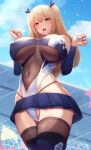  1girl absurdres azur_lane blonde_hair blue_footwear blue_skirt blue_sleeves blurry blurry_background boots breasts cloud commission confetti cosplay covered_nipples detached_sleeves groin hair_ornament highleg highleg_leotard highleg_panties highres large_breasts leotard long_hair microskirt multicolored_leotard navel numako_(pizza_kanon) open_mouth original panties pink_nails pleated_skirt pointy_ears race_queen red_eyes see-through see-through_leotard shinano_(azur_lane) shinano_(azur_lane)_(cosplay) shinano_(moonlit_chrome)_(azur_lane) skeb_commission skirt sky solo thigh_boots thighhighs tiri_man twintails underwear 