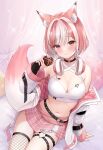  1girl animal_ear_fluff animal_ears belt black_gloves blush breasts candy chocolate cleavage extra_ears fingerless_gloves fishnet_thighhighs fishnets food fox_ears fox_girl gloves headphones headphones_around_neck heart heart-shaped_chocolate highres indie_virtual_youtuber jacket kagura_ura kirifrog large_breasts looking_at_viewer multicolored_hair navel off_shoulder open_clothes open_jacket pink_hair plaid plaid_skirt pleated_skirt red_eyes short_hair single_thighhigh skirt solo thighhighs two-tone_hair virtual_youtuber 