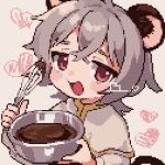  1girl ahiru_tokotoko animal_ears bowl capelet chocolate_making grey_hair heart highres holding holding_bowl holding_whisk looking_at_viewer mixing_bowl mouse_ears nazrin pixel_art red_eyes shirt short_hair smile solo touhou whisk white_background white_capelet white_shirt 