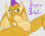 anthro blep dragon english_text featureless_chest female flat_chested forked_tongue friendship_is_magic genitals happy_birthday hasbro hi_res horn my_little_pony nude orange_body pussy reclining simple_background smolder_(mlp) solo spread_legs spreading stardustpony teal_eyes text tongue tongue_out white_background wings