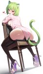  1girl absurdres animal_ears ass baebub black_bra black_thighhighs bra breasts cat_ears cat_girl cat_tail green_eyes highres indie_virtual_youtuber large_breasts looking_at_viewer looking_back pink_eyes pink_shirt sbgu shirt sitting smile solo tail thighhighs underwear virtual_youtuber 