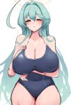  10eki_(tenchou) 1girl :o absurdres abydos_high_school_swimsuit ahoge bare_arms bare_legs bare_shoulders black_one-piece_swimsuit blue_archive breasts cleavage collarbone covered_navel green_hair hair_between_eyes halo highres huge_ahoge huge_breasts long_hair looking_at_viewer one-piece_swimsuit school_swimsuit simple_background solo swimsuit white_background yellow_halo yume_(blue_archive) 