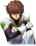  1boy arm_at_side artist_request bodysuit brown_hair clenched_hand closed_mouth code_geass code_geass:_lost_stories game_cg gloves gold_trim green_eyes hand_up kururugi_suzaku leaning_forward looking_at_viewer male_focus non-web_source official_art on_one_knee serious short_hair sidelocks simple_background solo transparent_background v-shaped_eyebrows white_bodysuit white_gloves 
