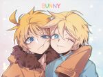  2boys arm_around_shoulder blonde_hair blue_eyes butters_stotch cheek-to-cheek fur-trimmed_hood fur_trim halloween_(owo) heads_together hood hood_down kenny_mccormick long_sleeves male_focus multiple_boys one_eye_closed scar scar_across_eye scar_on_face short_hair smile south_park 