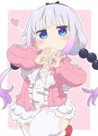  1girl beads blue_eyes blush center_frills closed_mouth commentary_request dated dress frills hair_beads hair_ornament heart heart_hands highres kanna_kamui kobayashi-san_chi_no_maidragon long_sleeves looking_at_viewer low_twintails outline purple_hair red_footwear samansa_ex short_dress slit_pupils solo thighhighs twintails white_outline white_thighhighs 