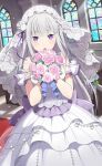  1girl bare_shoulders blush dress emilia_(re:zero) flower grey_hair hair_flower hair_ornament highres holding long_hair looking_at_viewer official_art open_mouth pointy_ears re:zero_kara_hajimeru_isekai_seikatsu re:zero_kara_hajimeru_isekai_seikatsu:_lost_in_memories ribbon sleeveless solo white_dress white_flower white_hair x_hair_ornament 