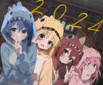  2024 4girls ai-assisted animal_costume b74 blonde_hair blue_eyes blue_hair blurry blurry_background blush bocchi_the_rock! brown_eyes closed_mouth commentary_request english_commentary gotoh_hitori green_eyes grin hair_between_eyes hair_ornament hand_up highres hood hood_up ijichi_nijika jacket kita_ikuyo long_hair long_sleeves looking_at_viewer mixed-language_commentary mole mole_under_eye multiple_girls new_year open_mouth pink_hair pink_jacket red_hair short_hair smile unfinished upper_body v yamada_ryo yellow_eyes 