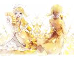  1boy 1girl aqua_eyes back blonde_hair bloom bow bow_dress brother_and_sister character_name crying crying_with_eyes_open fan fence flower gloves hair_bow hair_ornament hairclip highres holding holding_fan holding_flower jacket juliet_sleeves kagamine_len kagamine_rin long_jacket long_sleeves merurin pale_skin parted_lips petals ponytail puffy_sleeves rose siblings smelling_flower tears twins vocaloid yellow_flower yellow_jacket yellow_rose 