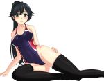  1girl alternate_costume bare_shoulders black_hair black_legwear blush competition_swimsuit embarrassed eyebrows_visible_through_hair foot_out_of_frame green_ribbon hair_ribbon highres houshou_(kantai_collection) kantai_collection kinakomochi_(testament05) long_hair looking_at_viewer one-piece_swimsuit ponytail ribbon simple_background solo swimsuit thighhighs white_background 