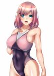  1girl :3 blue_eyes breasts collarbone competition_swimsuit cowboy_shot hair_ornament hand_on_own_chest highres large_breasts looking_at_viewer multicolored multicolored_clothes multicolored_swimsuit nijisanji one-piece_swimsuit open_mouth pink_hair short_hair simple_background solo suzuhara_lulu swimsuit white_background x_hair_ornament yurinozuku1112 