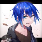  :d androgynous black_jacket blue_eyes blue_hair brown_shirt can canned_coffee hood hood_down ikurikaito jacket leaf looking_at_viewer open_mouth original shirt short_hair smile upper_body white_background 