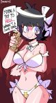  5_fingers accessory angel arm_under_breasts azazel_(helltaker) big_breasts black_hair blue_eyes bodily_fluids bow breasts cleavage clothed clothing dialogue english_text female fingers hair hair_accessory hair_bow hair_ribbon halo helltaker holding_object humanoid jiansketch looking_away navel not_furry ribbons short_hair signature simple_background smile solo speech_bubble standing sunscreen sweat swimwear text white_body white_skin wide_hips 