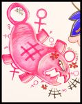  angry cross-popping_vein fak&eacute;mon fangs female fish fishnism gender_symbol hi_res kii_cat marine pink_body pink_eyes pink_scales pok&eacute;mon_clover scales simple_background solo symbol traditional_media_(artwork) vein white_background ♀ 